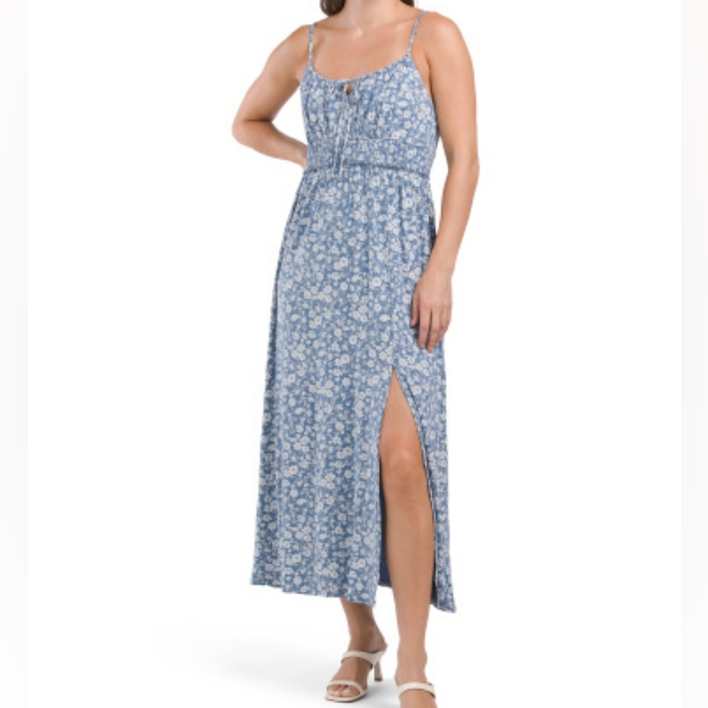 NWT - Lucky Brand Viscose Stretch Blue Floral Smocked Waist Maxo Dress-Size L